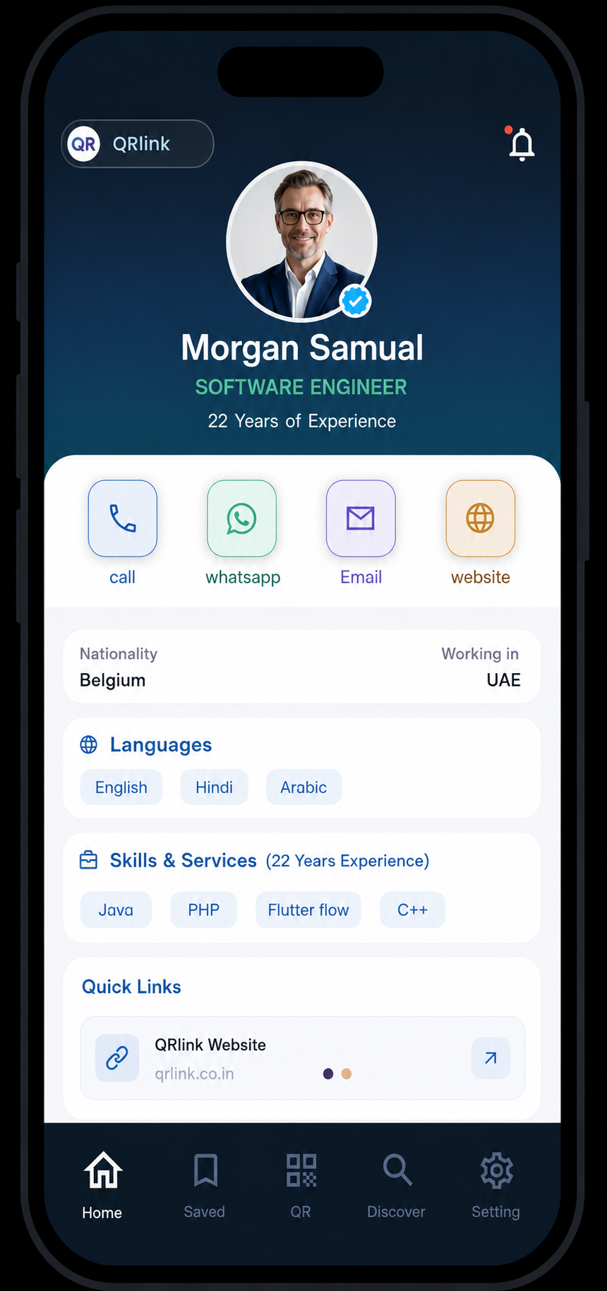 QRlink mobile profile showing professional details and quick contact actions